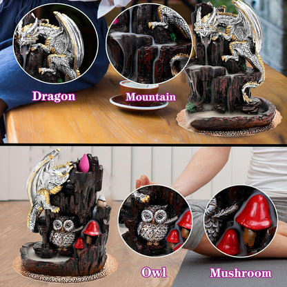 Dragon Backflow 2 Sided Mountain Waterfall Incense Burner,Fountain Smoke Incense Holder with Backflow Incense Cones, Tweezers, Mat，Resin Aromatherapy Meditation (Green)