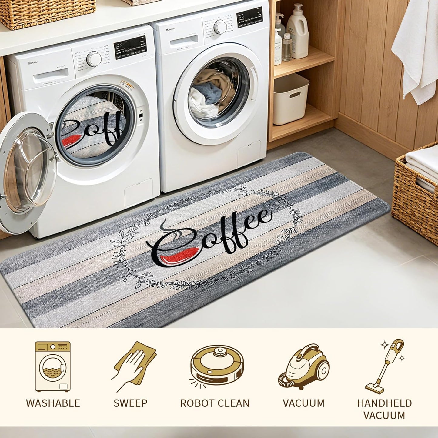 Coffee Kitchen Rug, 20"x47" Soft Velvet Kitchen Runner, Laundry Room Rugs Thickened TPR Bottom Floor Mat, Friendly for Kids & Pets, Multi-Use for Yoga Office, Coffee Station Rug Decor