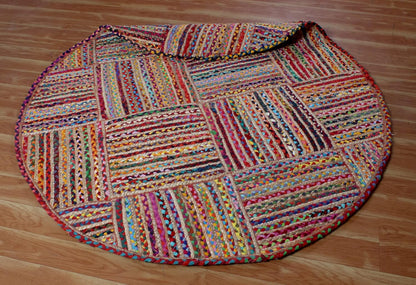 Collection Circle Area Rug - 3 x 3 Ft' Beige and Black Geometric Pettern Jute Mat Ideal for High Traffic Area in Hallway Bedroom Living Room Dining Room Kitchen Terrace Yoga Mat