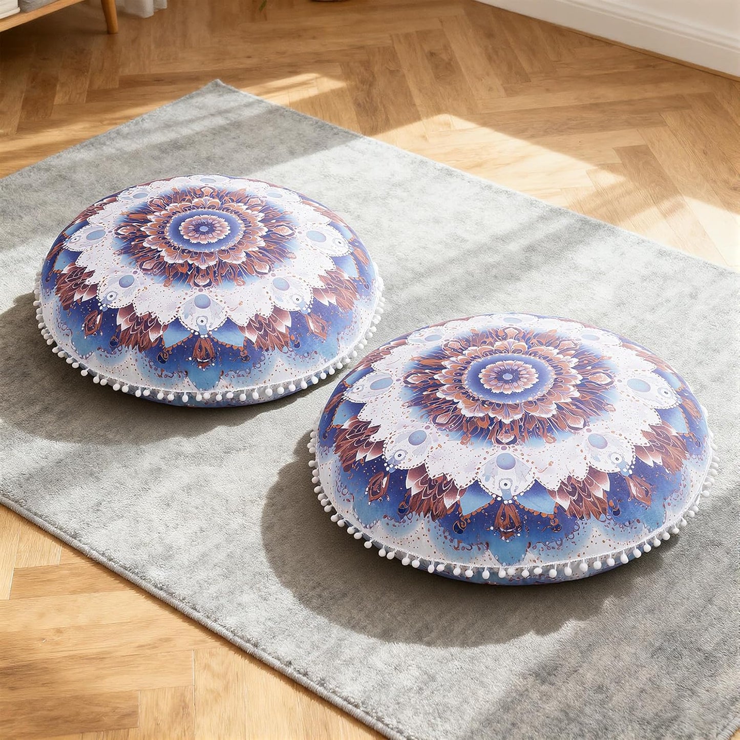 Meditation Cushion 32 Inch Round, Large Floor Pillow Seating for Adults, Bohemian Mandala Yoga Cushion, Extra Thick Memory Foam Removable Washable Cover, Ideal Gift & Holiday Decor, Blue