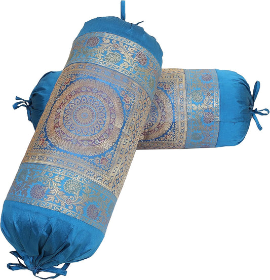 Ethnic Jacquard Brocade Silk Bolster Cushion Covers Cylindrical Hotdog Blue Yoga Massand Living Room Decorative Mandala Traditional Throw Pillowcase 76x38 cm - Set of 2 Pcs