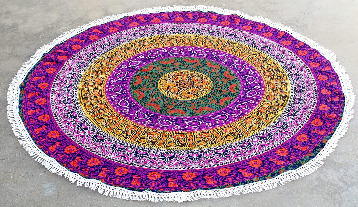Mandala Round Beach Tapestry Boho Hippie Blanket Bohemian Large Table Cloth Home Decor Yoga Mat Meditation Picnic Rug Throw Hippy Gypsy Tablecloth Roundie (42 Inches, Orange And Blue)