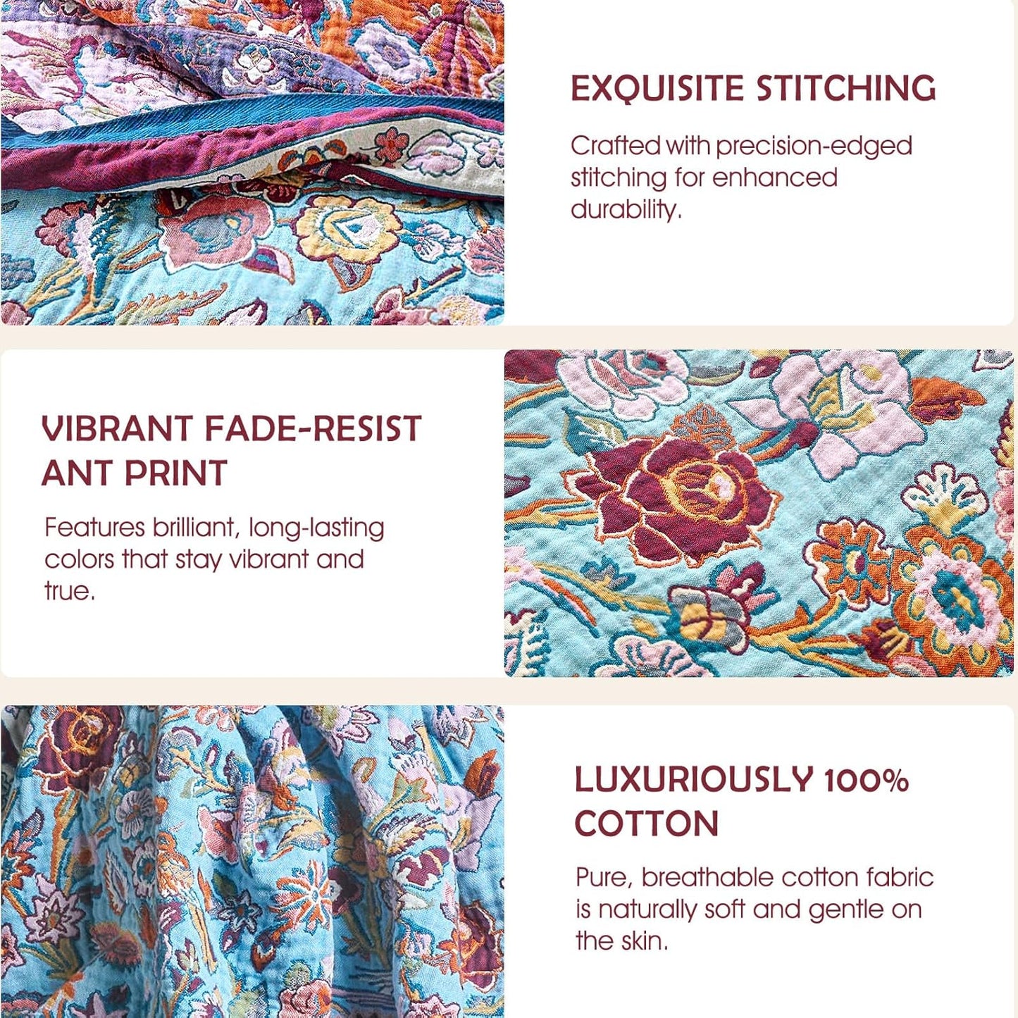 Boho Throw Blanket - 100% Cotton Soft Summer Throw Blanket for Bed, 50"x60" Reversible Breathable Lightweight Blankets, All Seasons Farmhouse Decor Floral Plant Butterfly Throw Quilt
