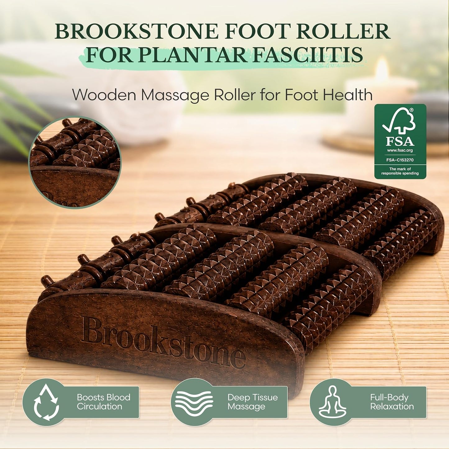 Brookstone Foot Massager Roller Plantar Fasciitis Pain Relief - Wooden Under Desk Feet Massage - Dual Manual Heel Massagers - Wood Rolling Acupressure Tool with Reflexology Guide - Gift for Men, Women