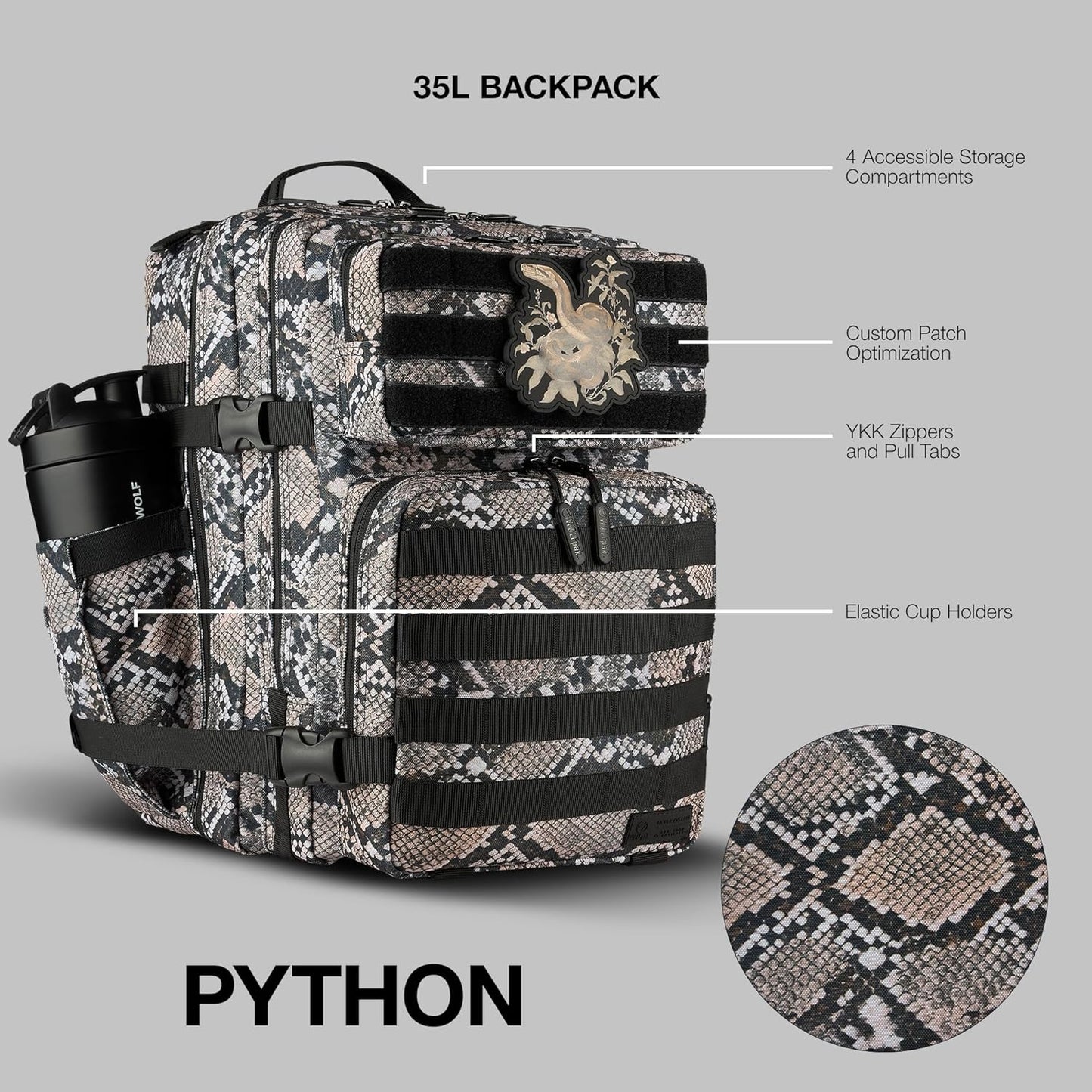 WOLFpak 35L Tactical Gym Backpack (Alpha Black) Durable 1000D Waterproof Oxford Material with MOLLE Webbing, Laptop Pocket & Dual Cup Holders, Durable Fitness/Travel/Military Daypack