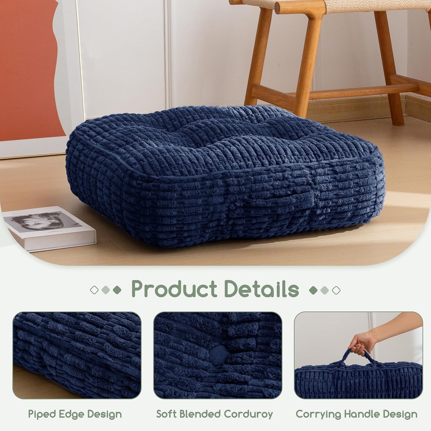 HIGOGOGO Floor Pillow Cushion for Adults, Meditation Cushion Pillow, Blended Corduroy Cover, Large Square Floor Sitting for Tatami Living Room or Yoga, 22x22 Inch, Beige