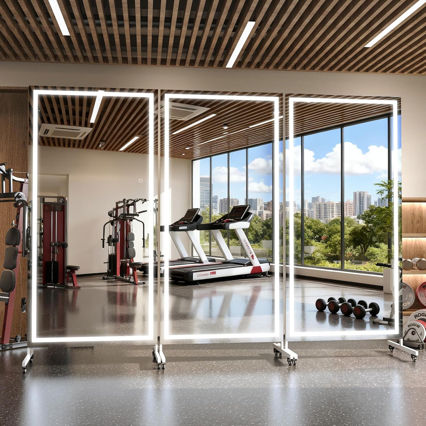 Hasipu Home Gym Mirror with Light 360° Swivel on Wheels, 79" x 32" Extra Large Full Length Rolling LED Mirror for Yoga Studio, Bedroom, Dancing Studio, White