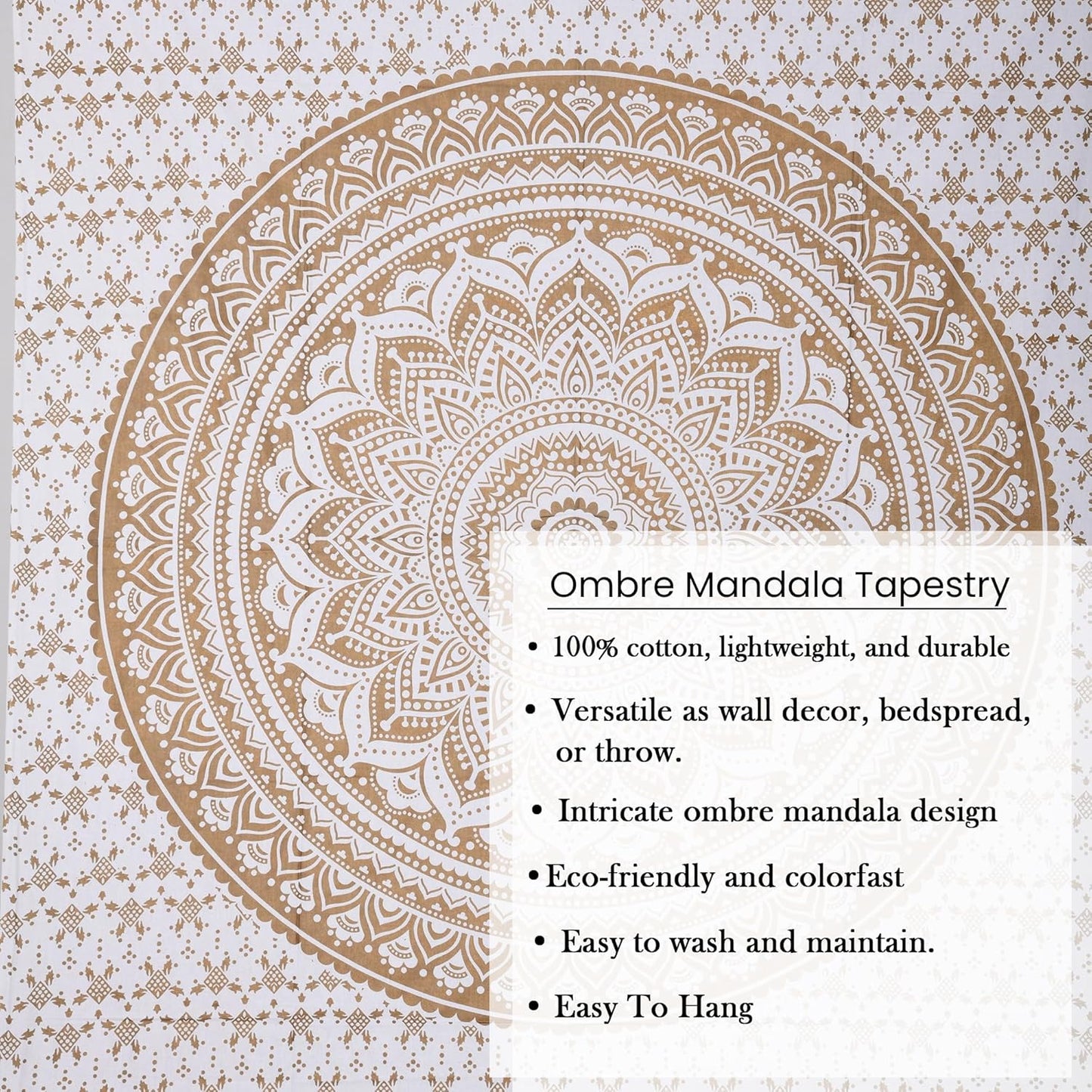 THE ART BOX Original Gold Tapestry Wall Hanging Mandala – Cotton Throw Tapestry – Boho Bedding White and Gold Medium Bedspread 54x60 Inches – Meditation & Yoga Rug Mat