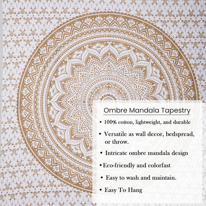 THE ART BOX Original Gold Tapestry Wall Hanging Mandala – Cotton Throw Tapestry – Boho Bedding White and Gold Medium Bedspread 54x60 Inches – Meditation & Yoga Rug Mat
