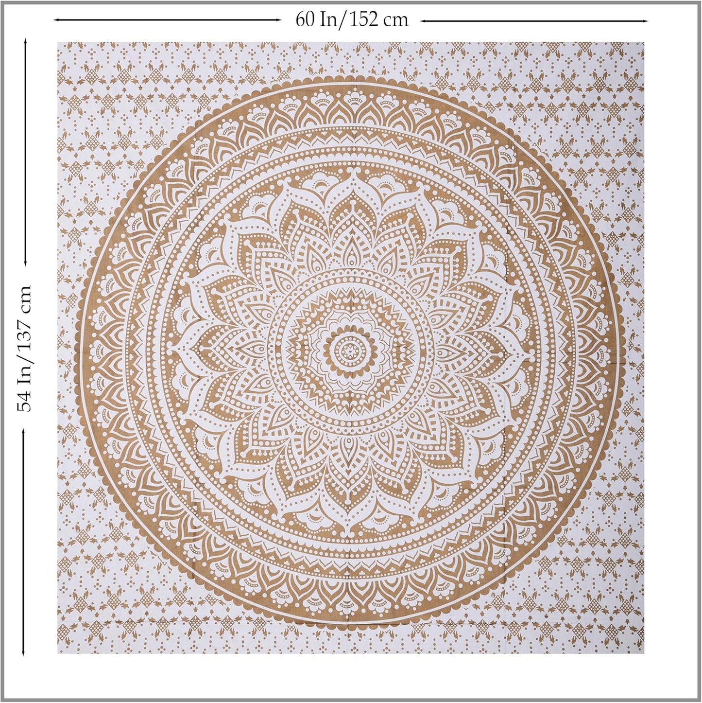THE ART BOX Original Gold Tapestry Wall Hanging Mandala – Cotton Throw Tapestry – Boho Bedding White and Gold Medium Bedspread 54x60 Inches – Meditation & Yoga Rug Mat
