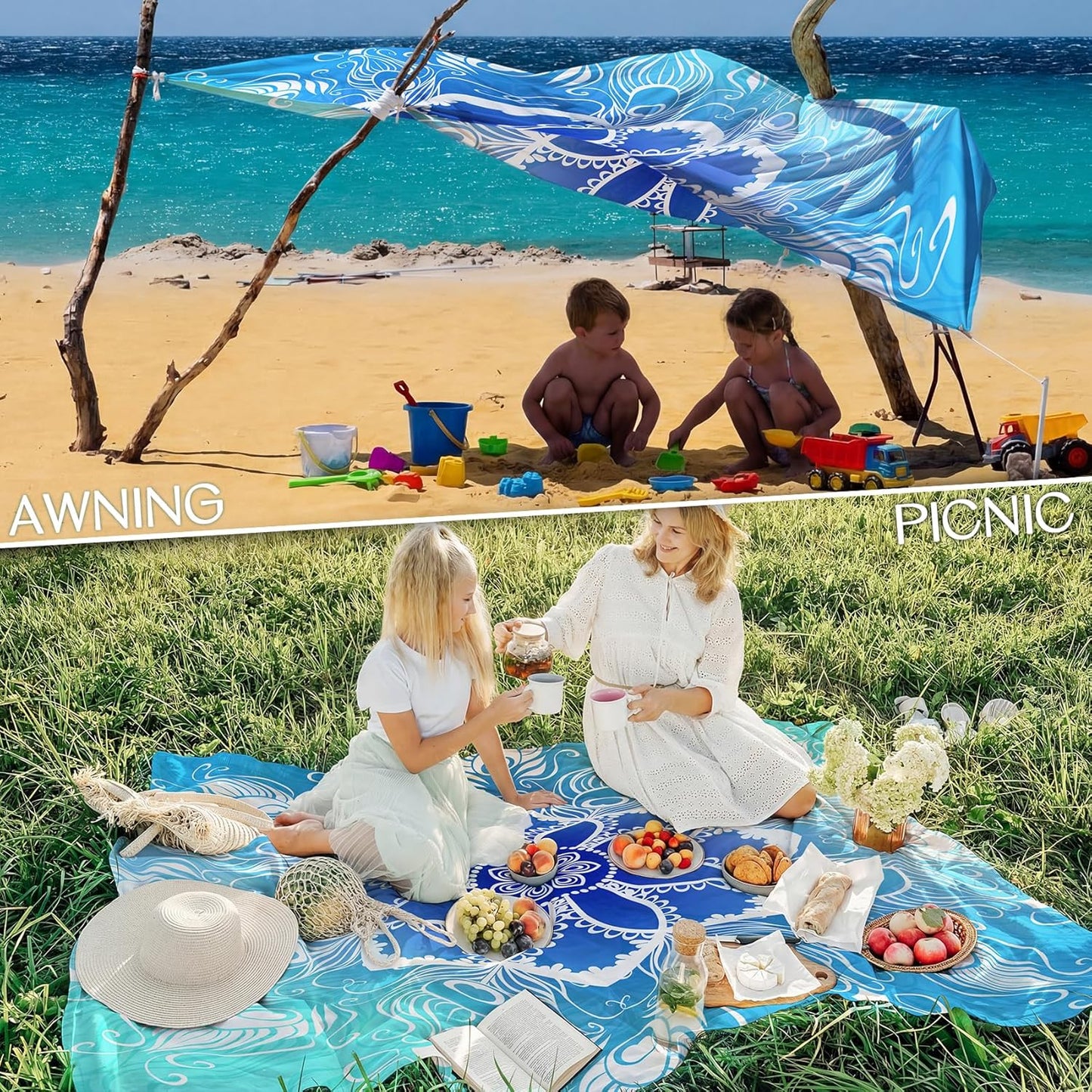 BYDOLL Beach Blanket Waterproof Sandproof Large Sand Free,78''X81''/10'X9' Oversized Sandless Lightweight Blanket Picnic Mat for Beach Travel Camping Hiking with Stakes