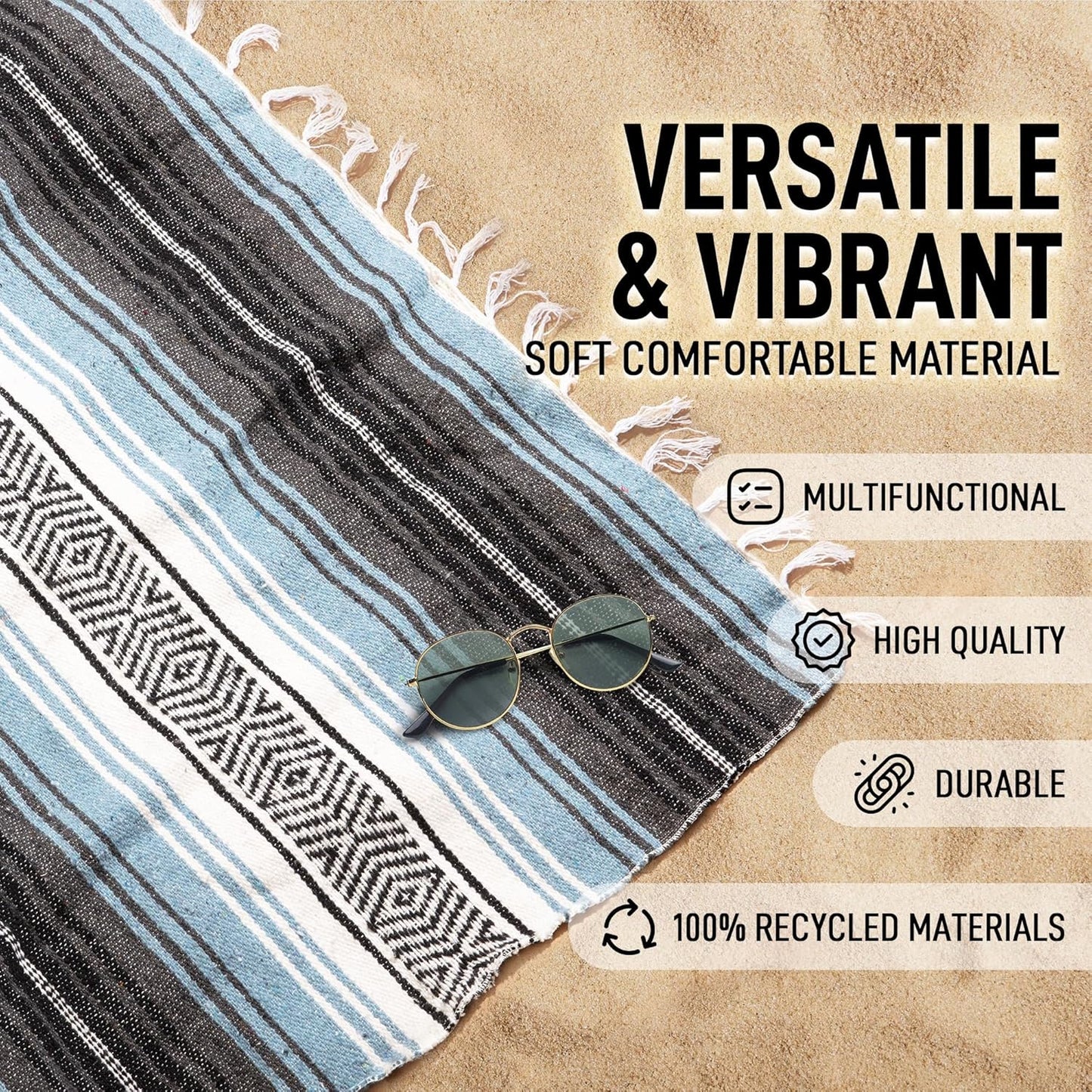 Hydration Nation Authentic Large Handwoven Mexican Blanket - Soft Yoga - Durable Serape - Lightweight Falsa, Beach, Camping, Picnic, Outdoor 70"x50" - Mandarin