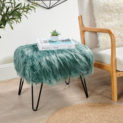 Home Soft Things Green Mongolian Faux Fur Ottoman, Desert Sage, 19'' x 13'' x 17'', Cozy Plush Fluffy Ottoman Foot Rest Stool for Living Room Bedroom Entryway Makeup Bench End of Bed Home Décor