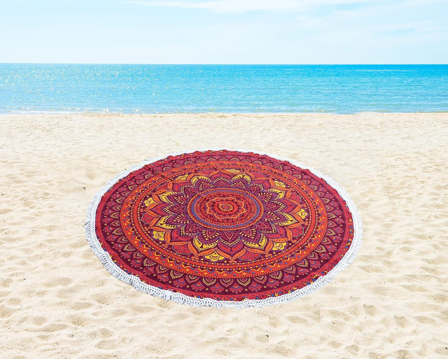 Mandala Round Beach Tapestry Boho Hippie Blanket Bohemian Large Table Cloth Home Decor Yoga Mat Meditation Picnic Rug Throw Hippy Gypsy Tablecloth Roundie (42 Inches, Orange And Blue)