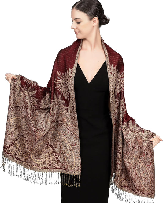 Achillea Reversible Paisley Pashmina Rave Scarf – Exotic Indian Shawls and Wraps for Evening Dresses, Festivals, All Seasons - Colors B