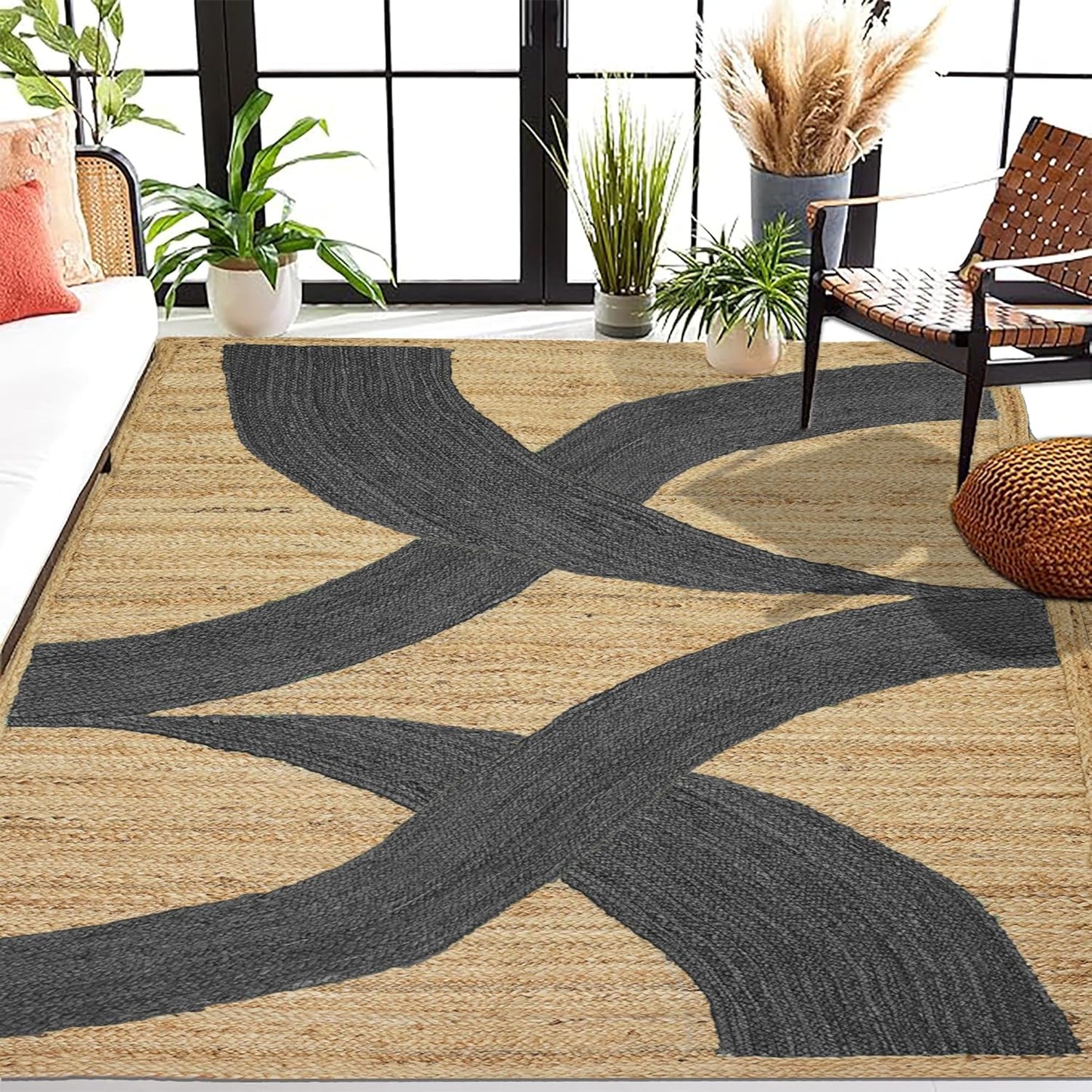 Premium Quality Jute Rug 4x6 Feet Area Rug Natural Fiber Jute Rugs Thick 0.27" Black Abstract Pattern Geometric Rugs for Kids Room, Living Room, Yoga Mat, Indoor Outdoor Carpet - Colors A