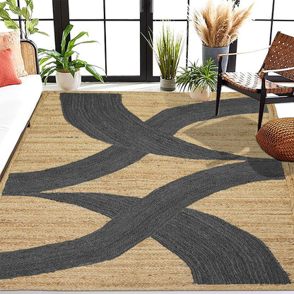 Premium Quality Jute Rug 4x6 Feet Area Rug Natural Fiber Jute Rugs Thick 0.27" Black Abstract Pattern Geometric Rugs for Kids Room, Living Room, Yoga Mat, Indoor Outdoor Carpet - Colors A
