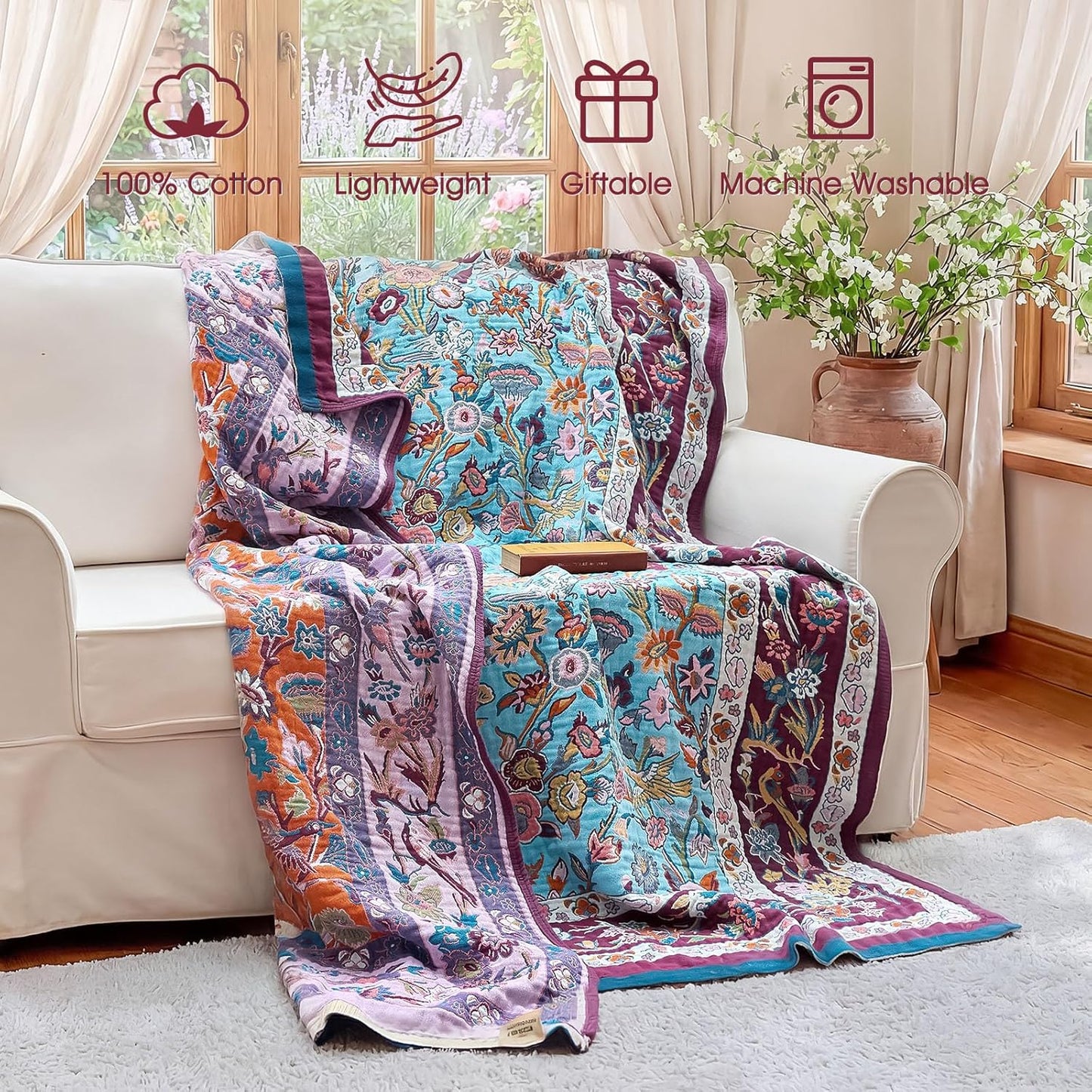 Boho Throw Blanket - 100% Cotton Soft Summer Throw Blanket for Bed, 50"x60" Reversible Breathable Lightweight Blankets, All Seasons Farmhouse Decor Floral Plant Butterfly Throw Quilt