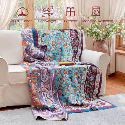Boho Throw Blanket - 100% Cotton Soft Summer Throw Blanket for Bed, 50"x60" Reversible Breathable Lightweight Blankets, All Seasons Farmhouse Decor Floral Plant Butterfly Throw Quilt