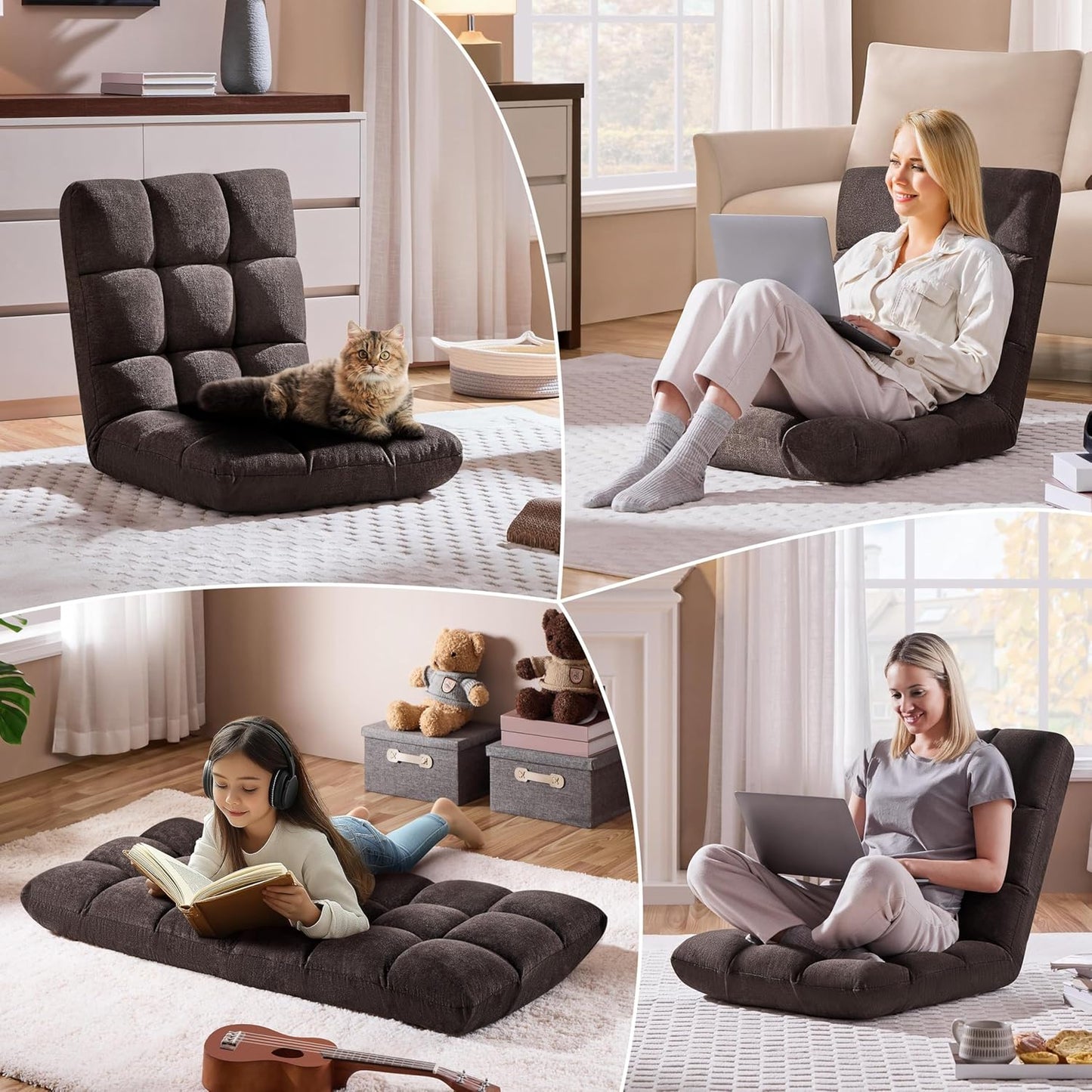 Yaheetech Adjustable Floor Chair with Back Support, Foldable Thick Padded Seat for Meditation&Gaming on Floor, Space Saving Lazy Lounger for Bedroom Dorm, Black