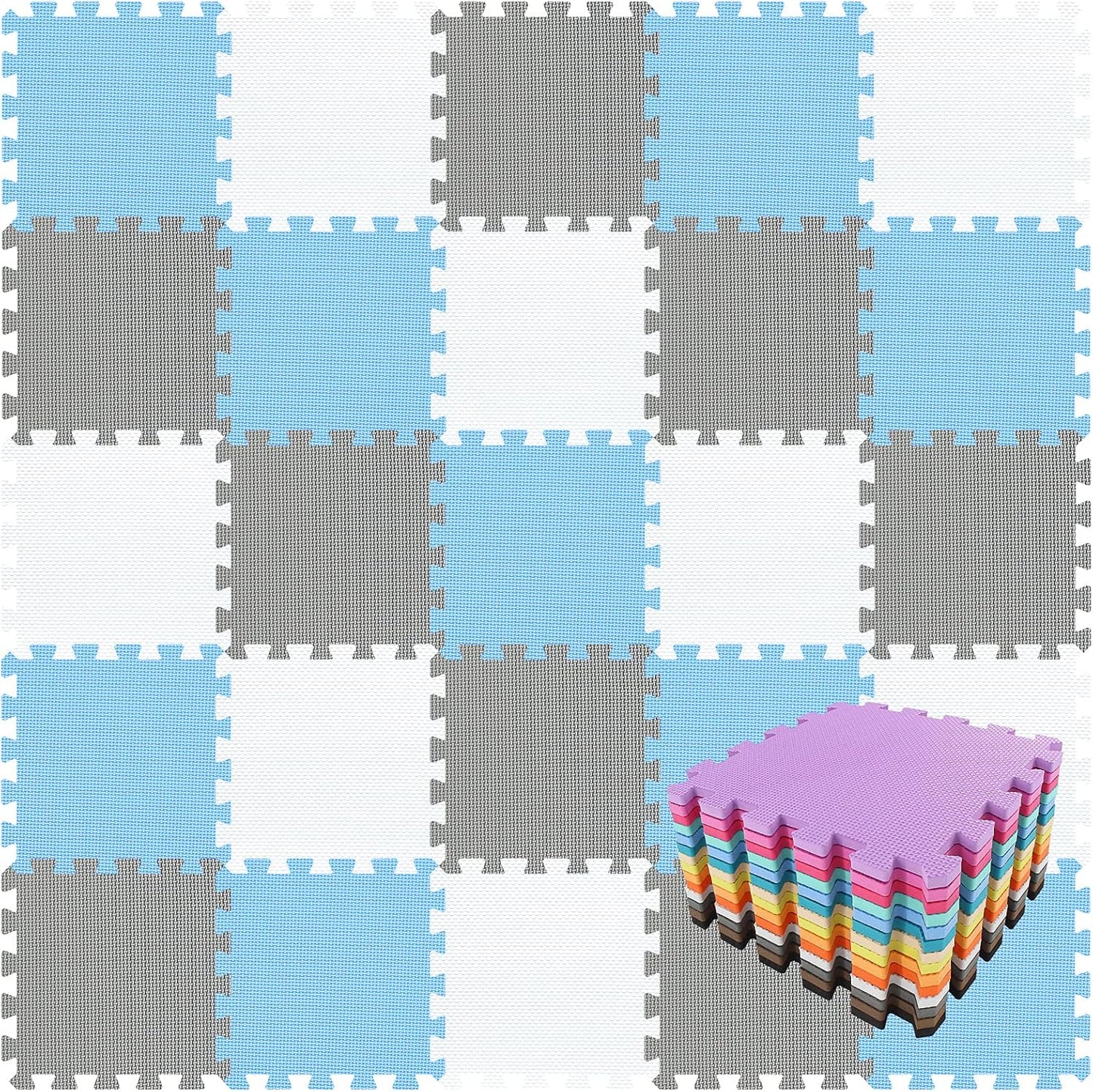 qqpp EVA Rubber 18 Tiles Interlocking Puzzle Foam Floor Mats - Baby Play Mat for Playing | Exercise Mat for Home Workout. White, Pink, Gray. QC-ACLb18N