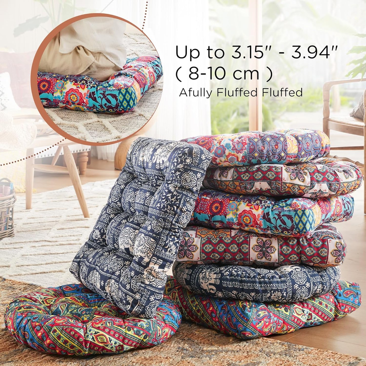 Codi Boho Floor Pillow, Large Meditation Cushion for Adults, Square Pillows Seating for Yoga Living Room Tatami Sitting Home Decor, Memory Foam Added, 22x22 Inch, Multi Patchwork