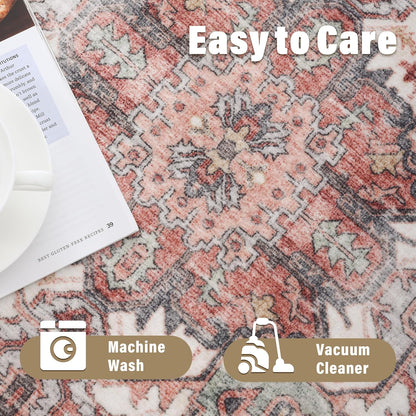 Carvapet 4ft Washable Round Rugs, Modern Abstract Circle Rug, Non Slip Rubber Backing Foldable Low Pile Carpet for Living Room Bedroom, 4ft Red/Orange Rug