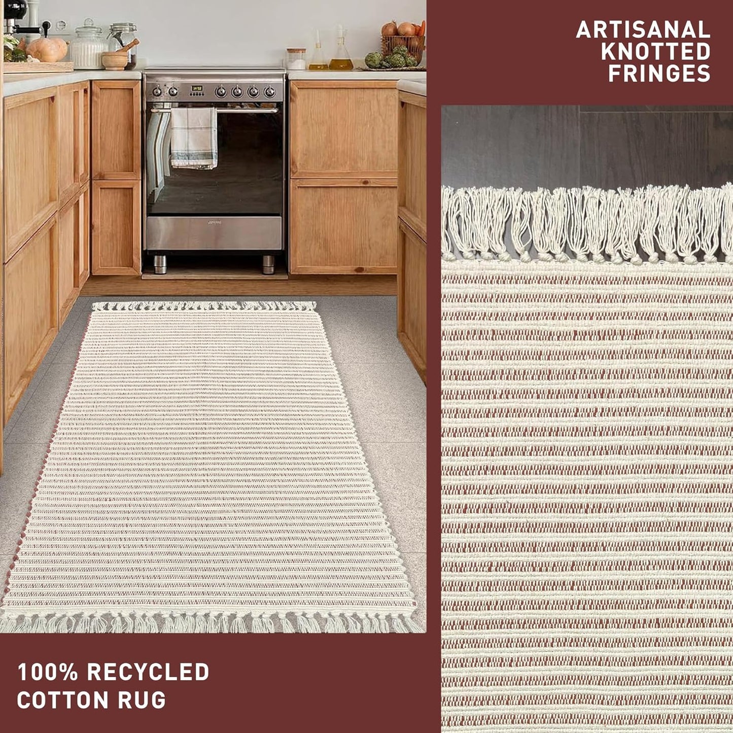Chardin home Beige & Ivory Providence Runner 2.5x8 feet |Hand Woven Farmhouse Rug with Hand Knotted Fringes|Great in Kitchens entryways Hallways Bathrooms Meditation Yoga Mat|Reversible Cotton Rug
