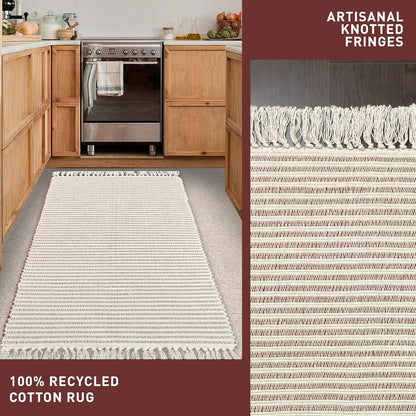 Chardin home Beige & Ivory Providence Runner 2.5x8 feet |Hand Woven Farmhouse Rug with Hand Knotted Fringes|Great in Kitchens entryways Hallways Bathrooms Meditation Yoga Mat|Reversible Cotton Rug