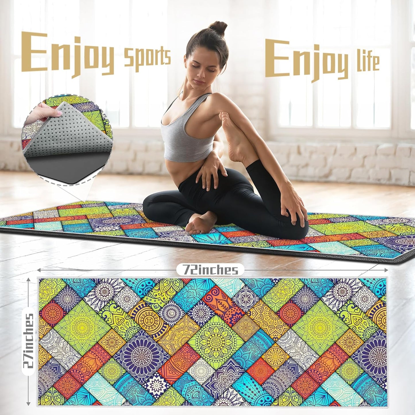 Yoga Mat Towel,Hot Yoga Towel High-Definition Pattern,Machine Washable with Ultra-Absorbent Yoga Towels for Hot Yoga Non Slip for Fitness,Exercise,Pilates,72 x 27 in,Pink and Green Gradient