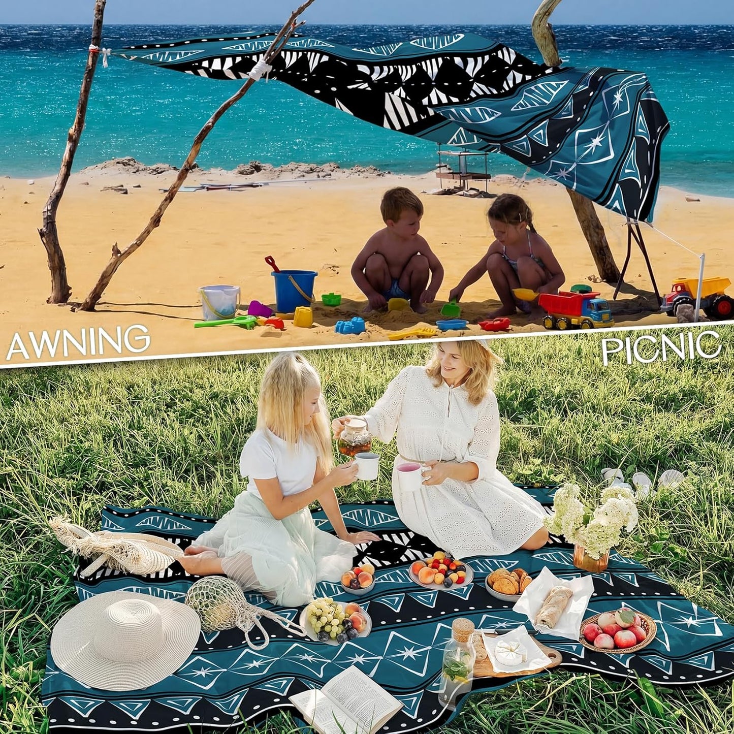 BYDOLL Beach Blanket Waterproof Sandproof Large Sand Free,78''X81''/10'X9' Oversized Sandless Lightweight Blanket Picnic Mat for Beach Travel Camping Hiking with Stakes