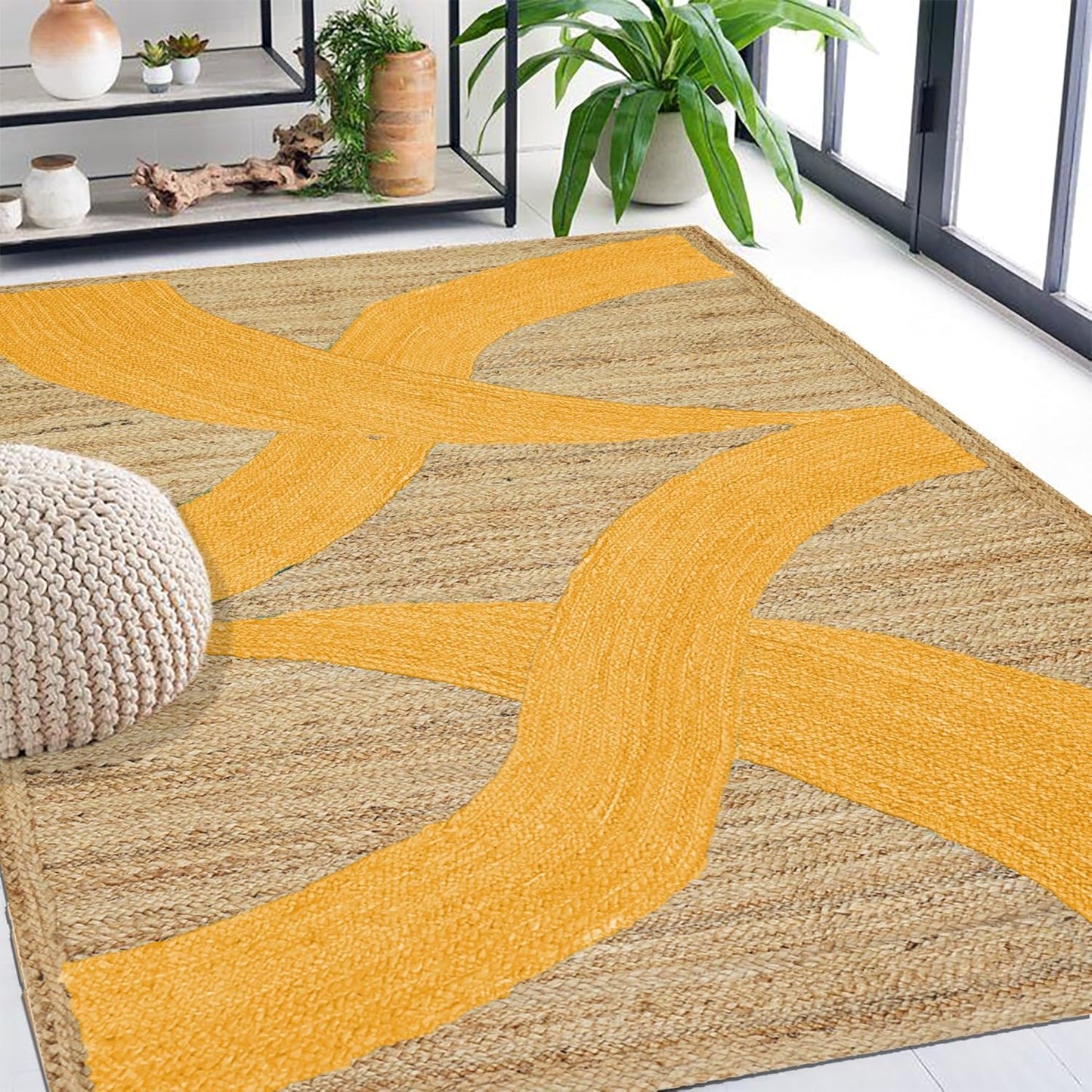 Premium Quality Jute Rug 4x6 Feet Area Rug Natural Fiber Jute Rugs Thick 0.27" Black Abstract Pattern Geometric Rugs for Kids Room, Living Room, Yoga Mat, Indoor Outdoor Carpet - Colors A