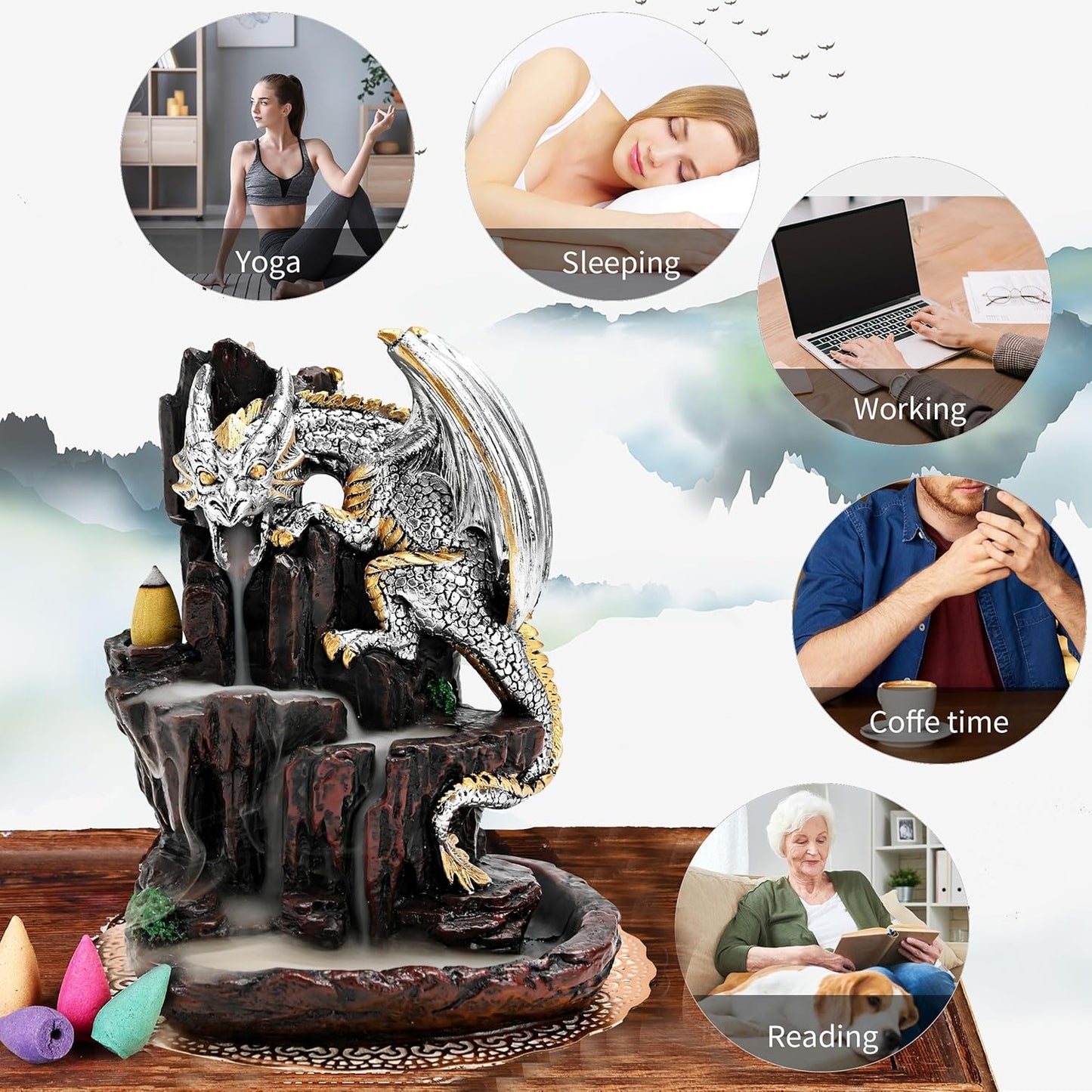 Dragon Backflow 2 Sided Mountain Waterfall Incense Burner,Fountain Smoke Incense Holder with Backflow Incense Cones, Tweezers, Mat，Resin Aromatherapy Meditation (Green)