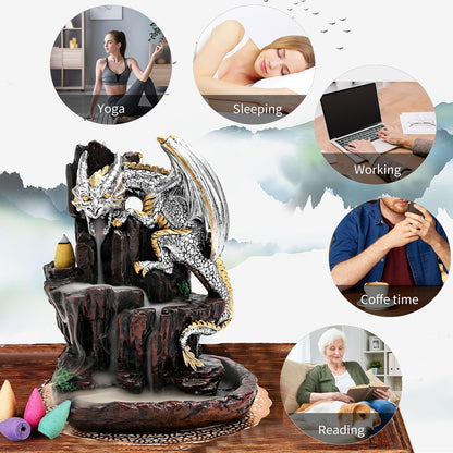 Dragon Backflow 2 Sided Mountain Waterfall Incense Burner,Fountain Smoke Incense Holder with Backflow Incense Cones, Tweezers, Mat，Resin Aromatherapy Meditation (Green)