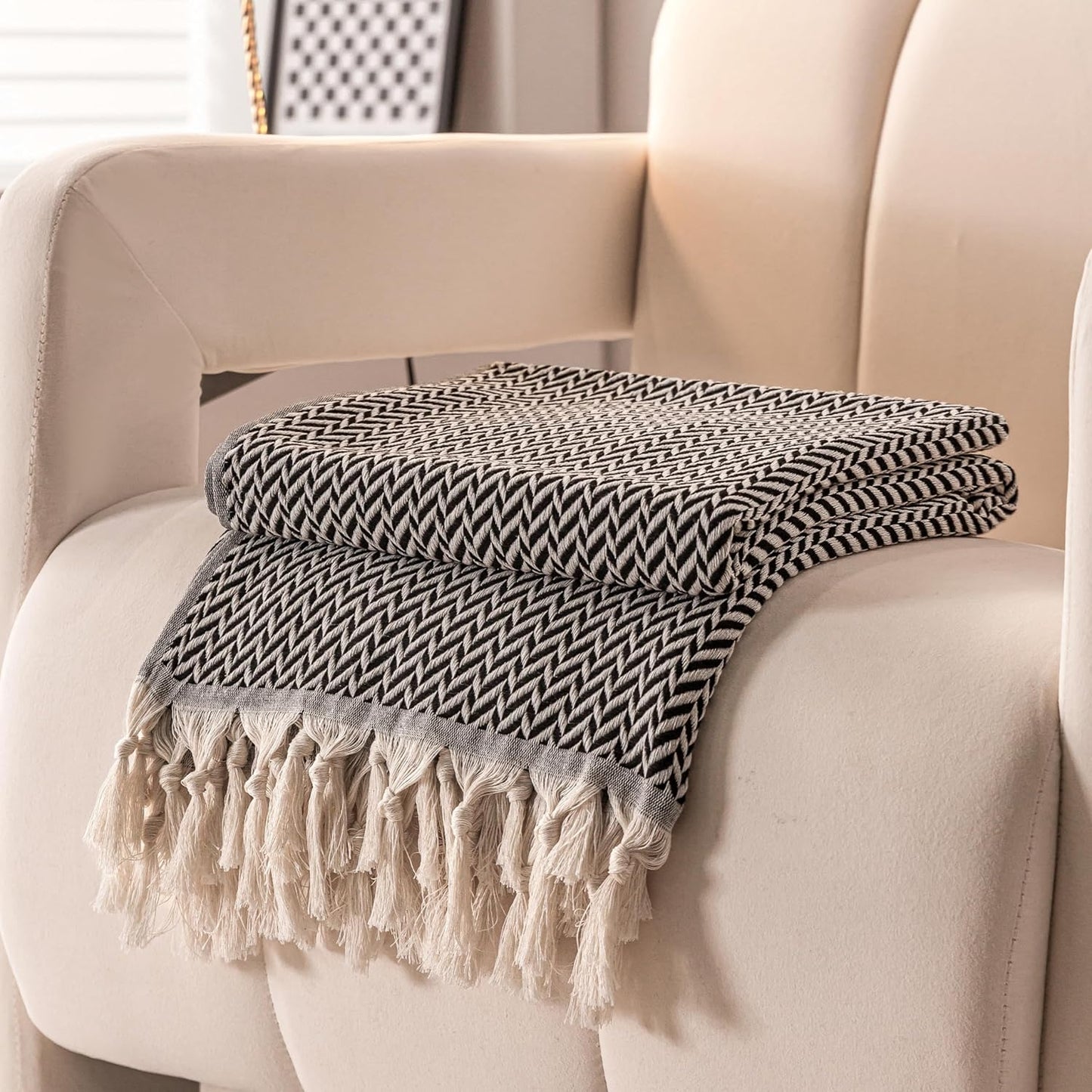 Peshtemania Premium Cotton Throw Blanket, 50x60 inches, Light Blue, Turkish Herringbone, Farmhouse Decor, Yoga Blanket, Picnic Blanket