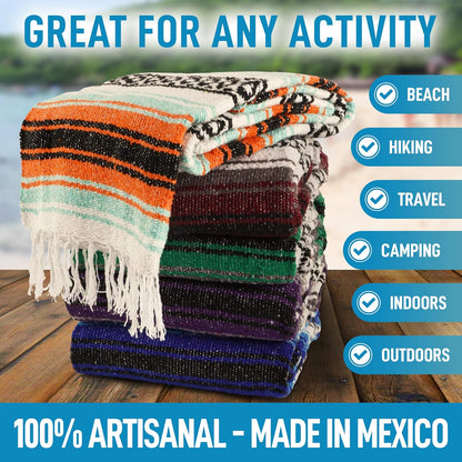 Hydration Nation Authentic Large Handwoven Mexican Blanket - Soft Yoga - Durable Serape - Lightweight Falsa, Beach, Camping, Picnic, Outdoor 70"x50" - Mandarin