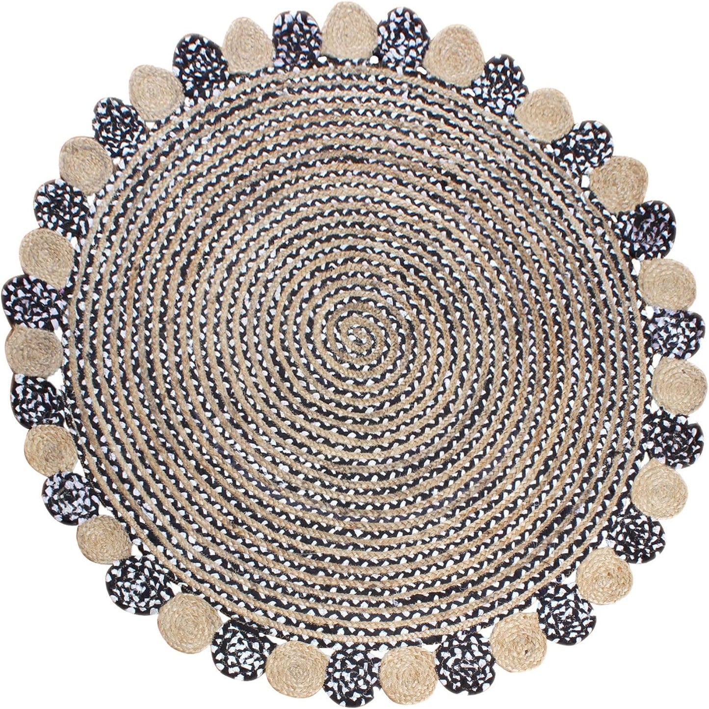 Collection Circle Area Rug - 3 x 3 Ft' Beige and Black Geometric Pettern Jute Mat Ideal for High Traffic Area in Hallway Bedroom Living Room Dining Room Kitchen Terrace Yoga Mat