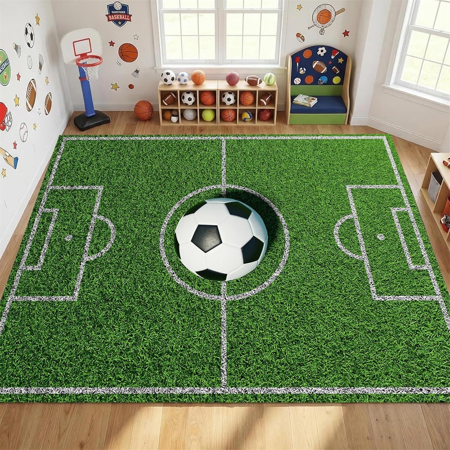 Sports Field Area Rug,5x7ft, Soccer Field Chalked Blackboard Football Stadium Board Painted Non-Slip Soft Carpet Floor Mat Indoor Living Room Bedroom Rugs Yoga Mat Home Decor