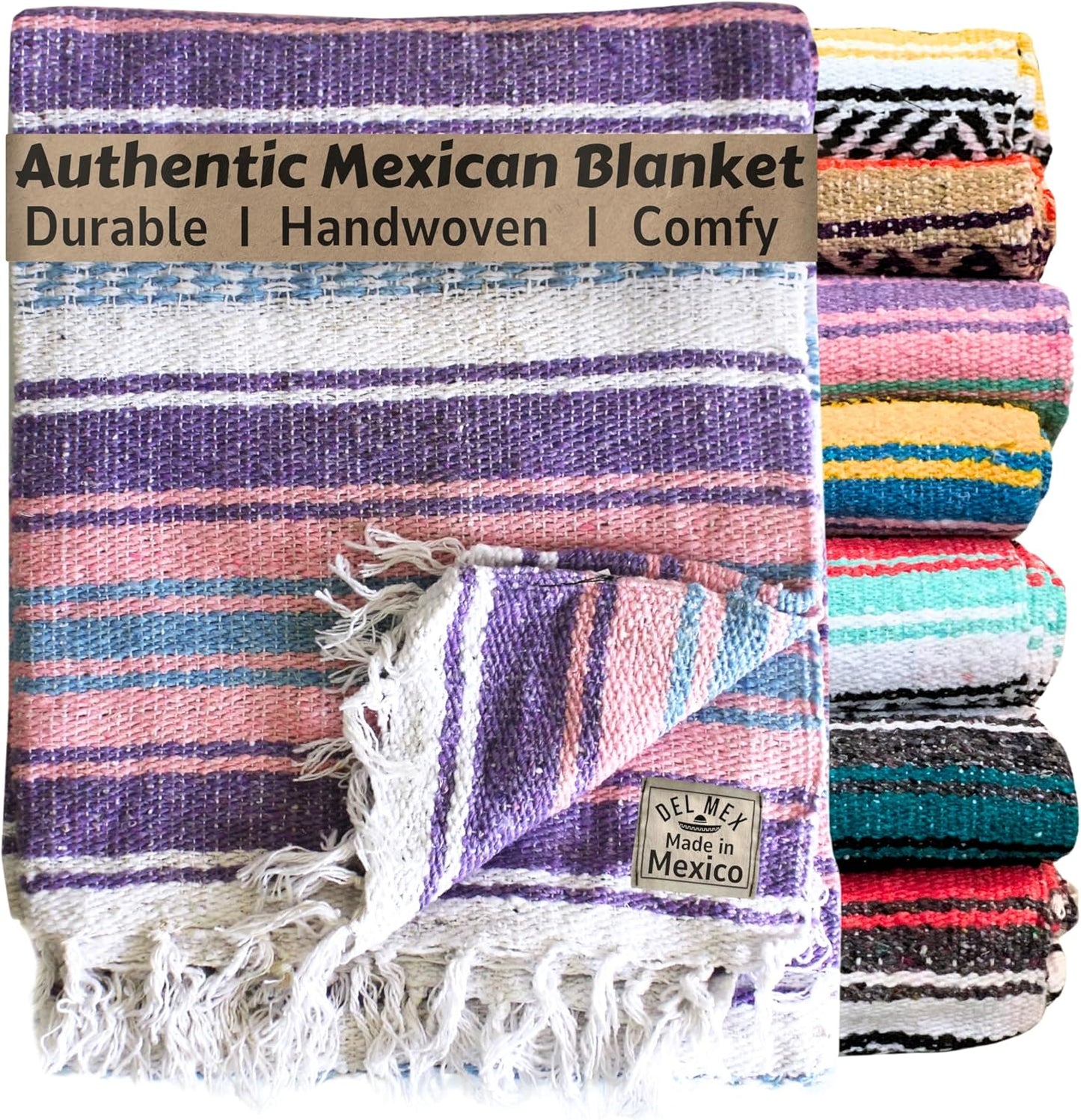 Del Mex Classic Mexican Blanket, Large Authentic Woven Falsa Throw (70"x50"), Artisan Southwest Décor for Beach, Yoga, Outdoors (Lavender)