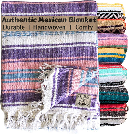 Del Mex Classic Mexican Blanket, Large Authentic Woven Falsa Throw (70"x50"), Artisan Southwest Décor for Beach, Yoga, Outdoors (Lavender)