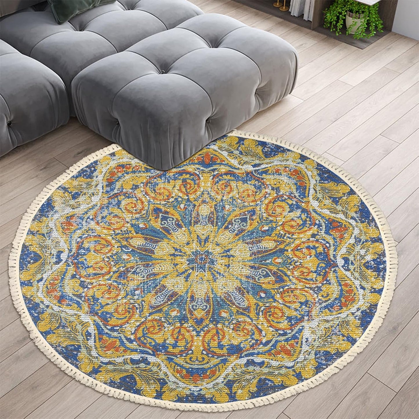 Boho Rug 5Ft Round Bedroom Carpet Circle Nonslip Farmhouse Area Rug Rustic Mandala Floor Mat for Living Room Locker Room Tassel Yoga Throw Rugs Washable Doormat, Purple