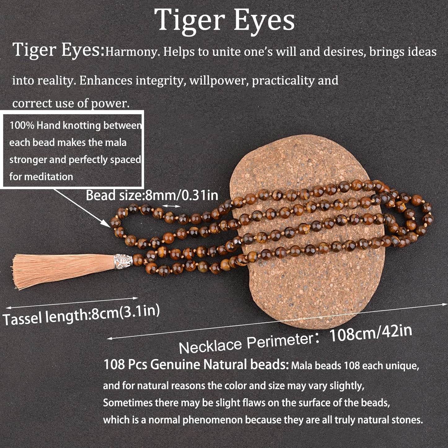 KIKILA Mala Beads 108 Natural Stone GemStones Japamala Yoga Meditation Hand Knotted Beaded Tassel Necklace for Women Men