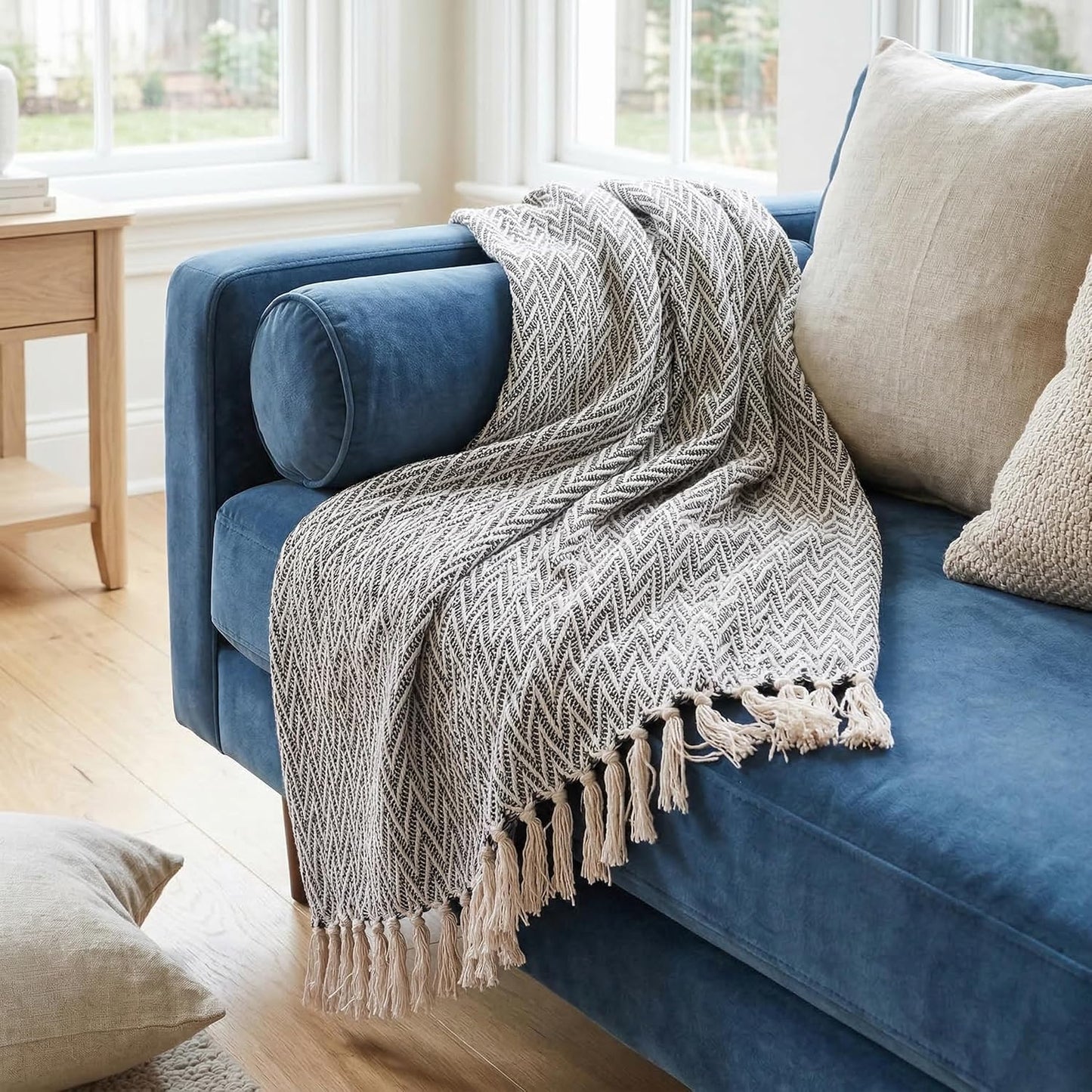 Americanflat 50x60 Throw Blanket - Soft and Breathable Cotton Throw Blanket for Couch, Bed, Chair - Decorative Blankets Perfect for Home or Outdoor Use - Navy Blue and White Double Diamond Design