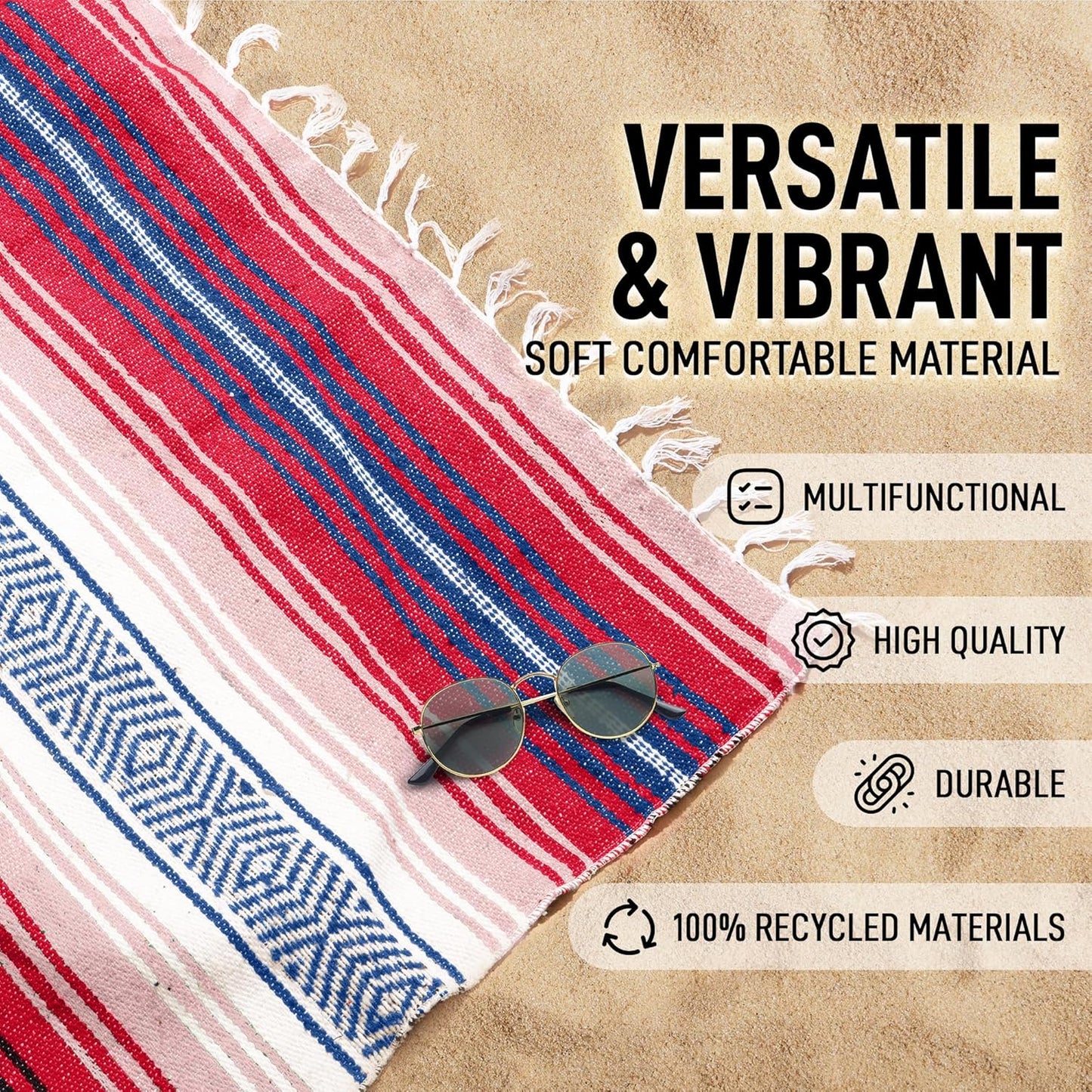 Hydration Nation Authentic Large Handwoven Mexican Blanket - Soft Yoga - Durable Serape - Lightweight Falsa, Beach, Camping, Picnic, Outdoor 70"x50" - Mandarin