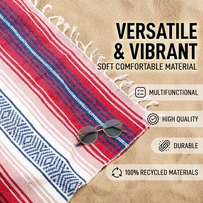 Hydration Nation Authentic Large Handwoven Mexican Blanket - Soft Yoga - Durable Serape - Lightweight Falsa, Beach, Camping, Picnic, Outdoor 70"x50" - Mandarin