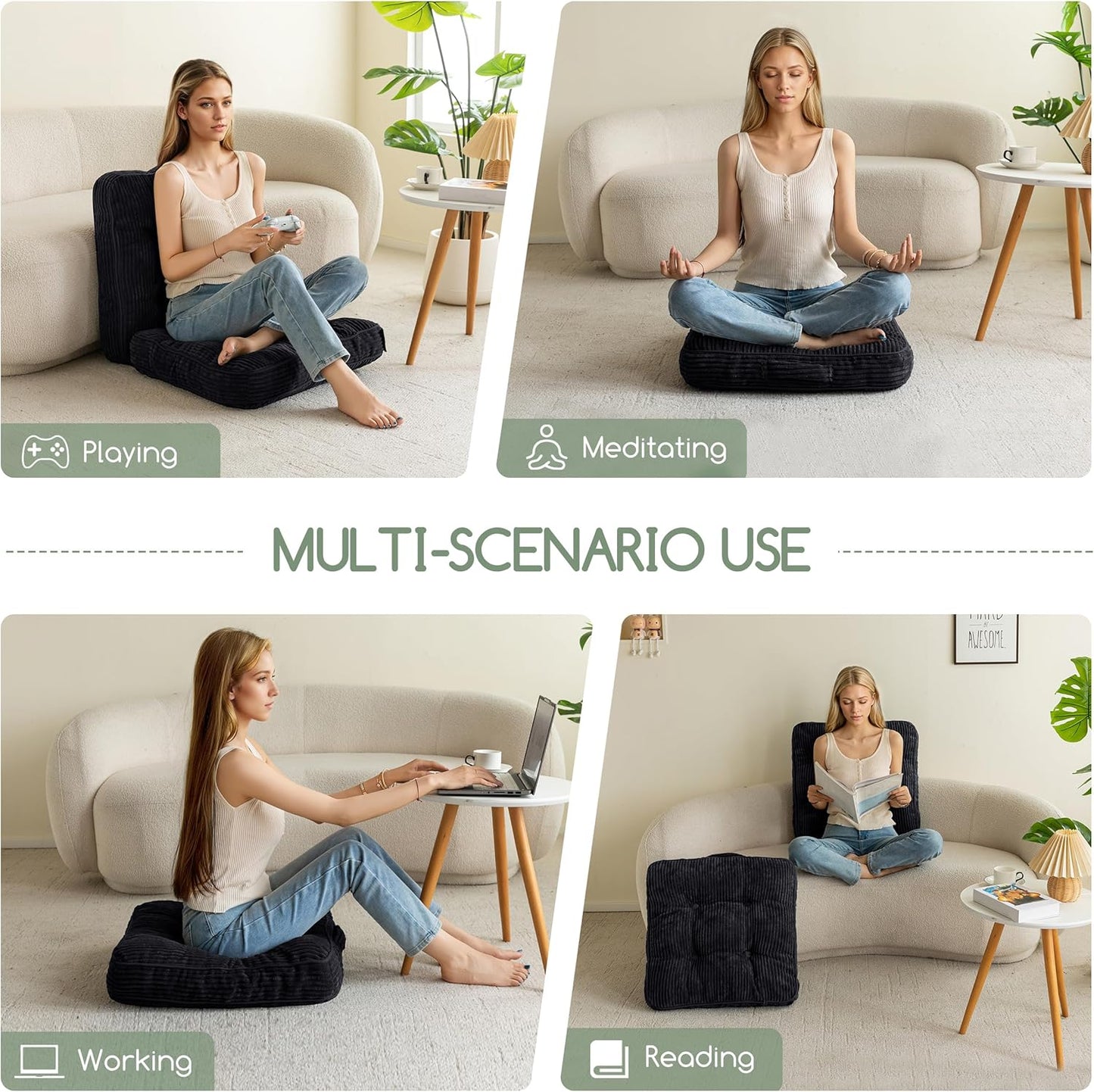 HIGOGOGO Floor Pillow Cushion for Adults, Meditation Cushion Pillow, Large Square Floor Sitting, Tufted Corduroy Cover, for Tatami Living Room or Yoga, 22x22 Inch, Dark Grey