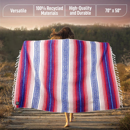 Hydration Nation Authentic Large Handwoven Mexican Blanket - Soft Yoga - Durable Serape - Lightweight Falsa, Beach, Camping, Picnic, Outdoor 70"x50" - Mandarin