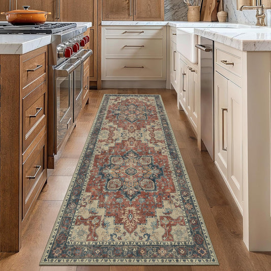 GENIMO 5X7 Area Rugs for Living Room, Machine Washable Non Slip Vintage Rugs, Low Pile Lightweight Chenille Print Rug for Bedroom, Dining Room, Home Office, Light Taupe Brown - Colors C