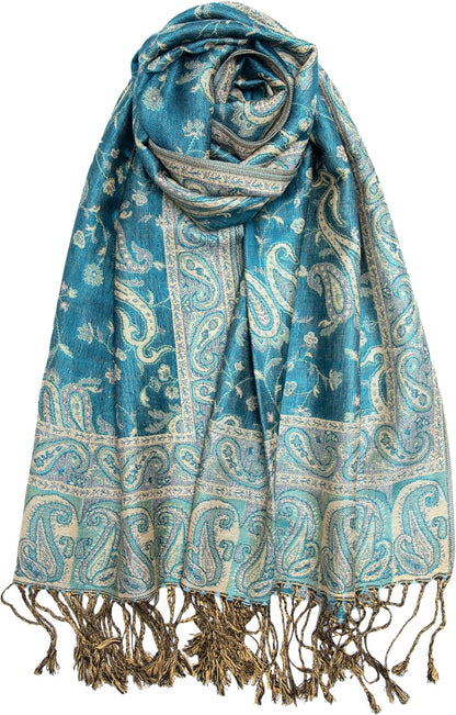 Achillea Reversible Paisley Pashmina Rave Scarf – Exotic Indian Shawls and Wraps for Evening Dresses, Festivals, All Seasons - Colors A
