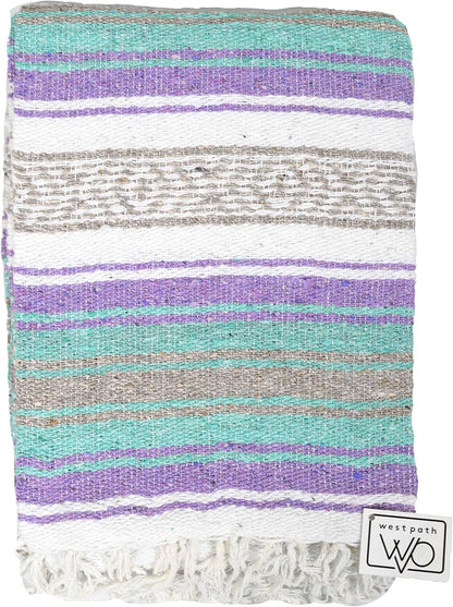 Open Road Goods Multi Color Mexican Falsa Blanket - Handwoven in Mexico - Great for The Beach, Picnics, Yoga, or a Throw! (Mint/Purple)